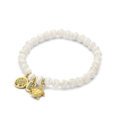 Beaded bracelet white striped agate with charms tree of life and turtle