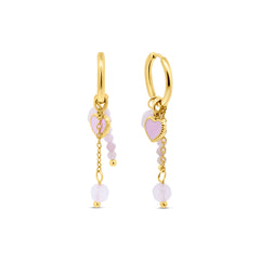 CO88 Collection Heart Charm Hoop Earrings with Pink Beads Gold Plated