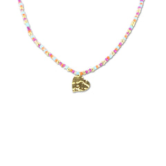 Necklace with colored beads and hammered heart charm