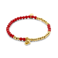Kralenarmband met rode kralen en roze bedel