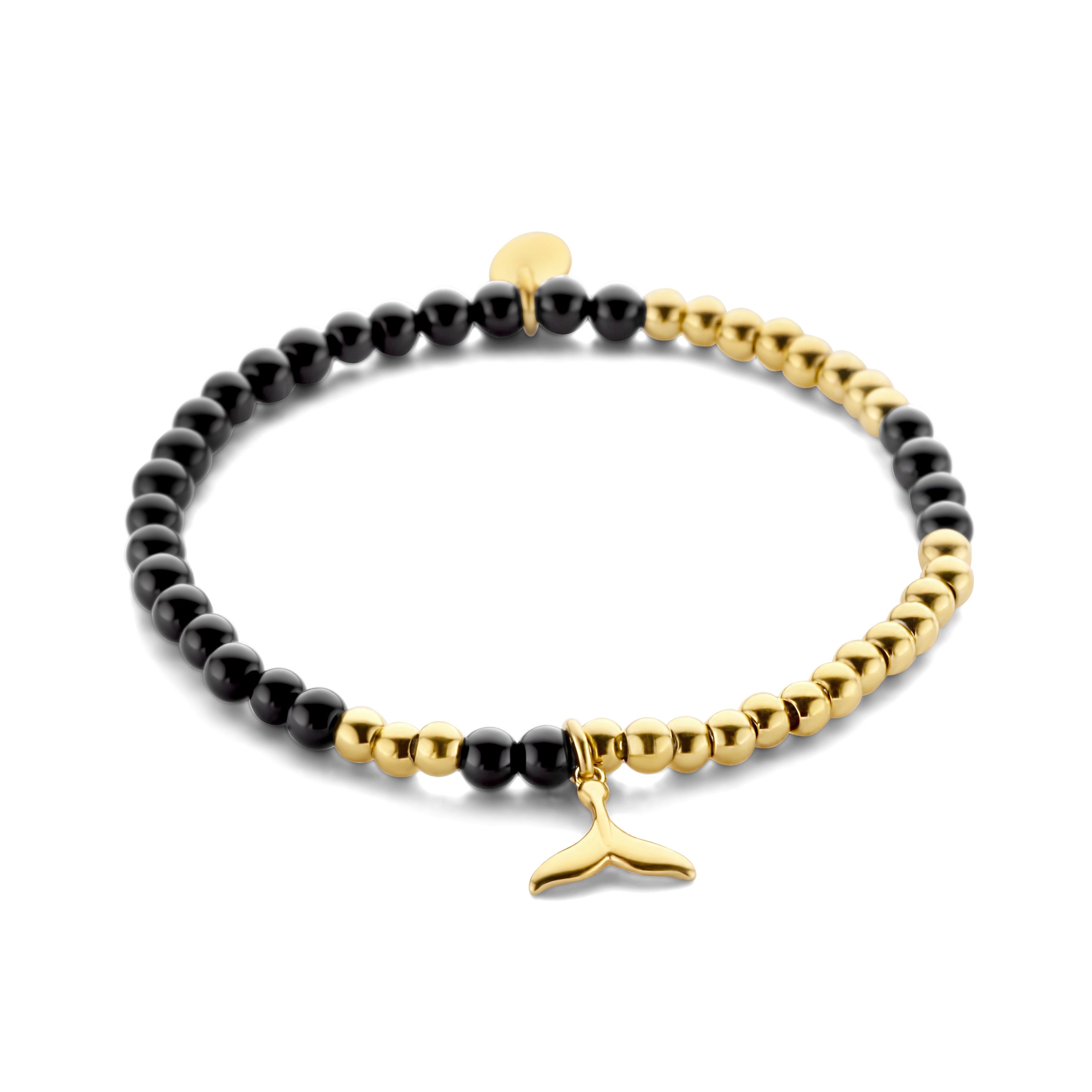 Beaded bracelet with black agate beads and whale charm