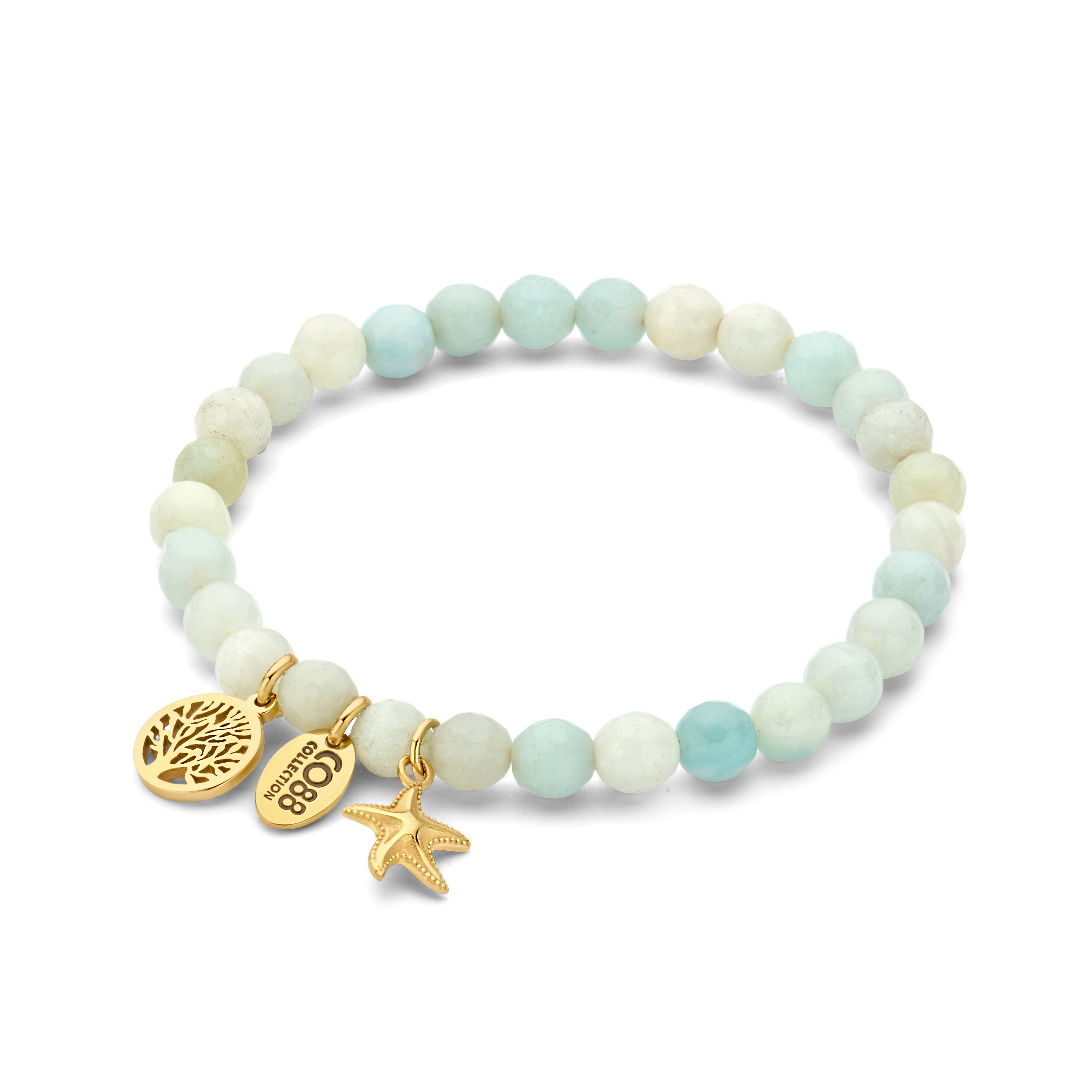 Beaded bracelet Gold with charms tree of life and seahorse
