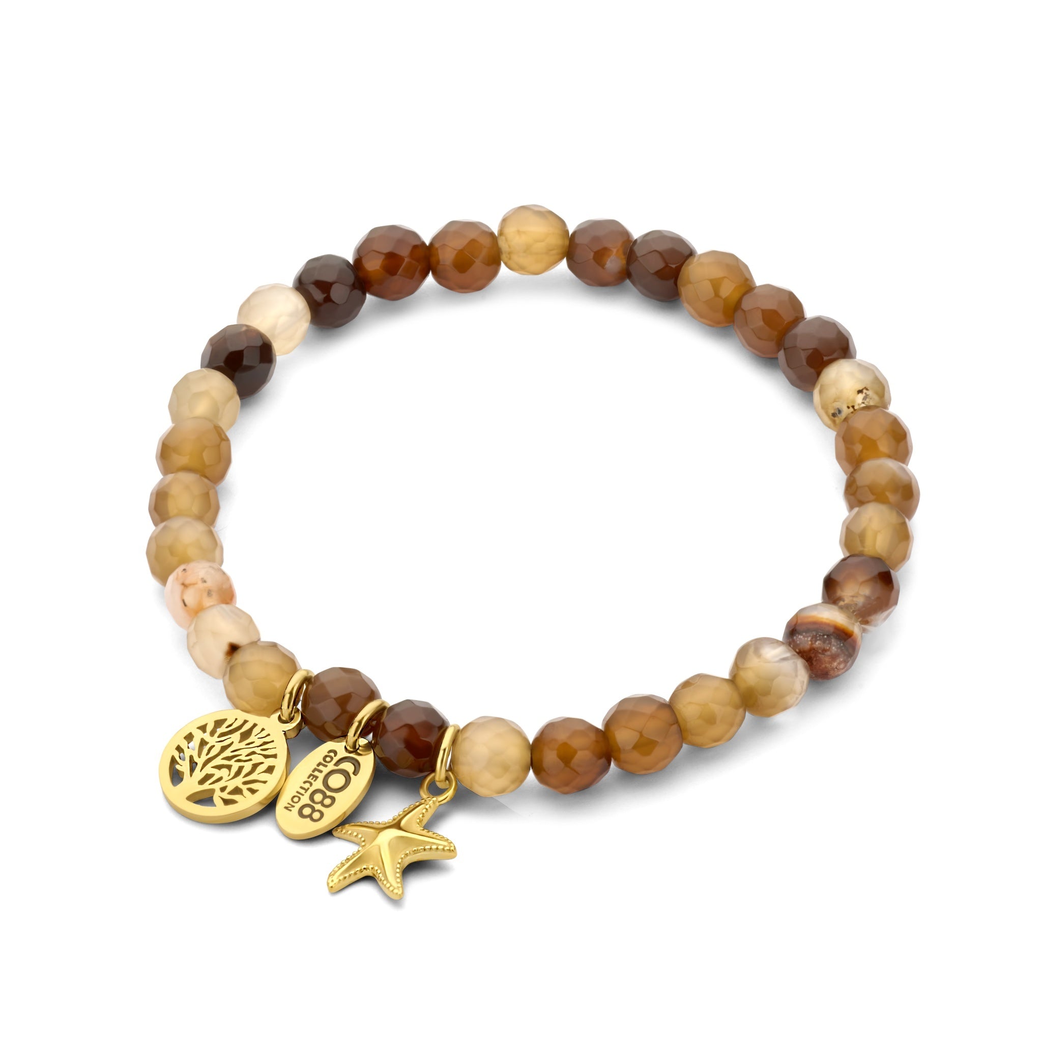 Beaded bracelet brown agate with charms tree of life and starfish