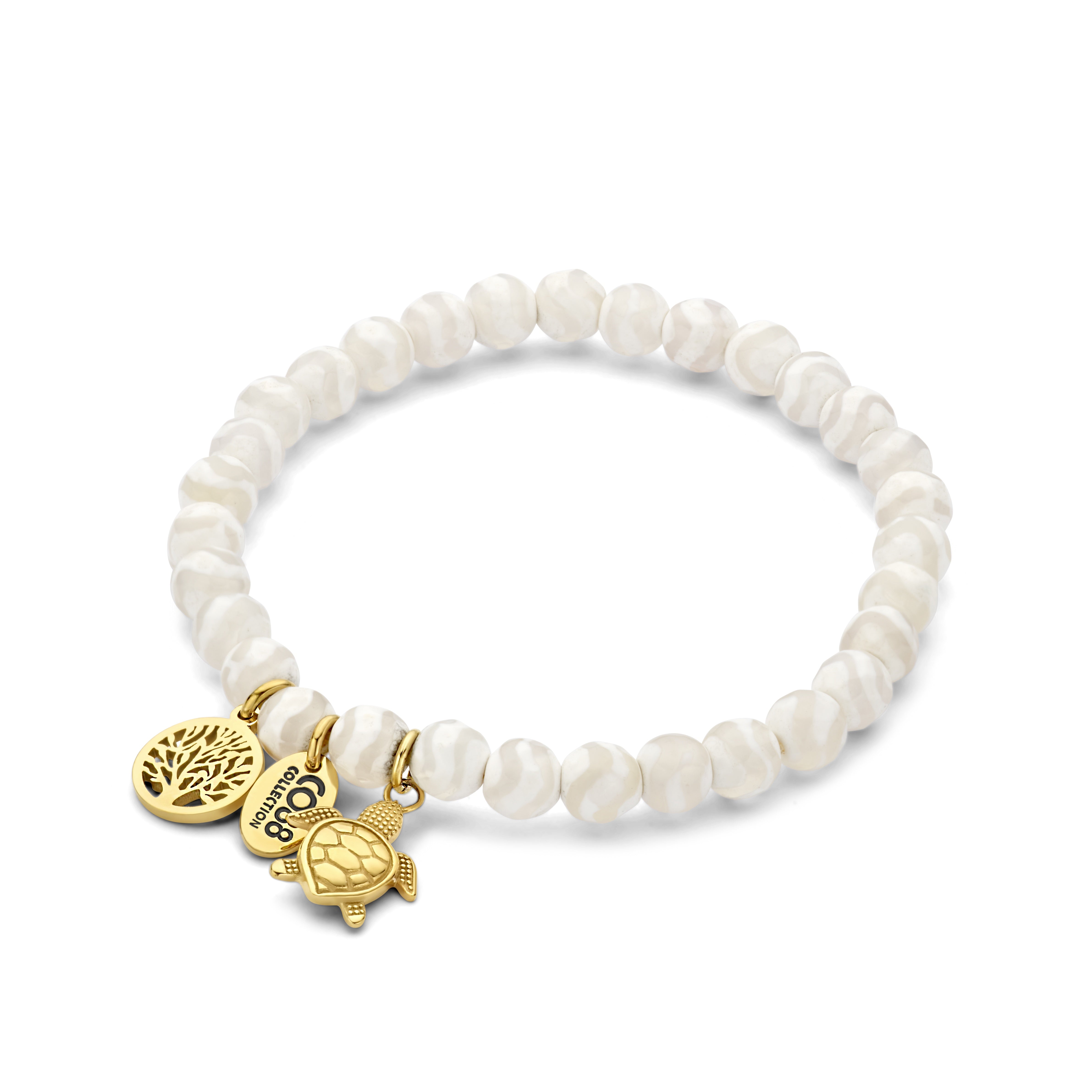 Beaded bracelet white striped agate with charms tree of life and turtle