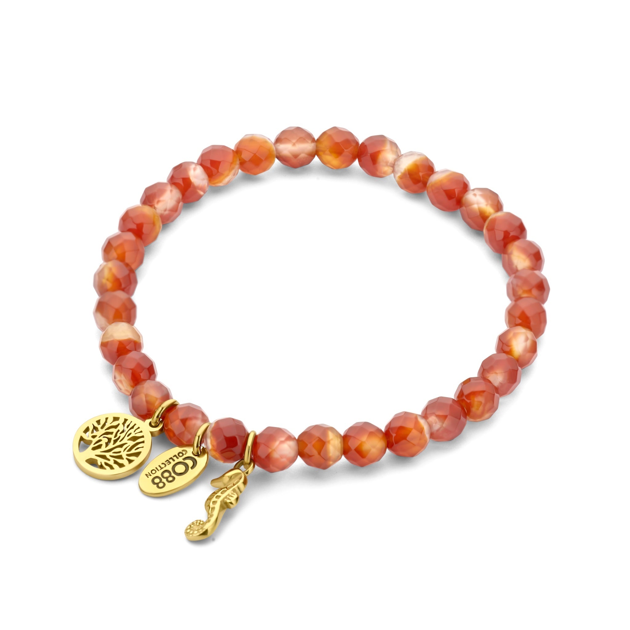 Beaded bracelet Gold with charms tree of life and seahorse
