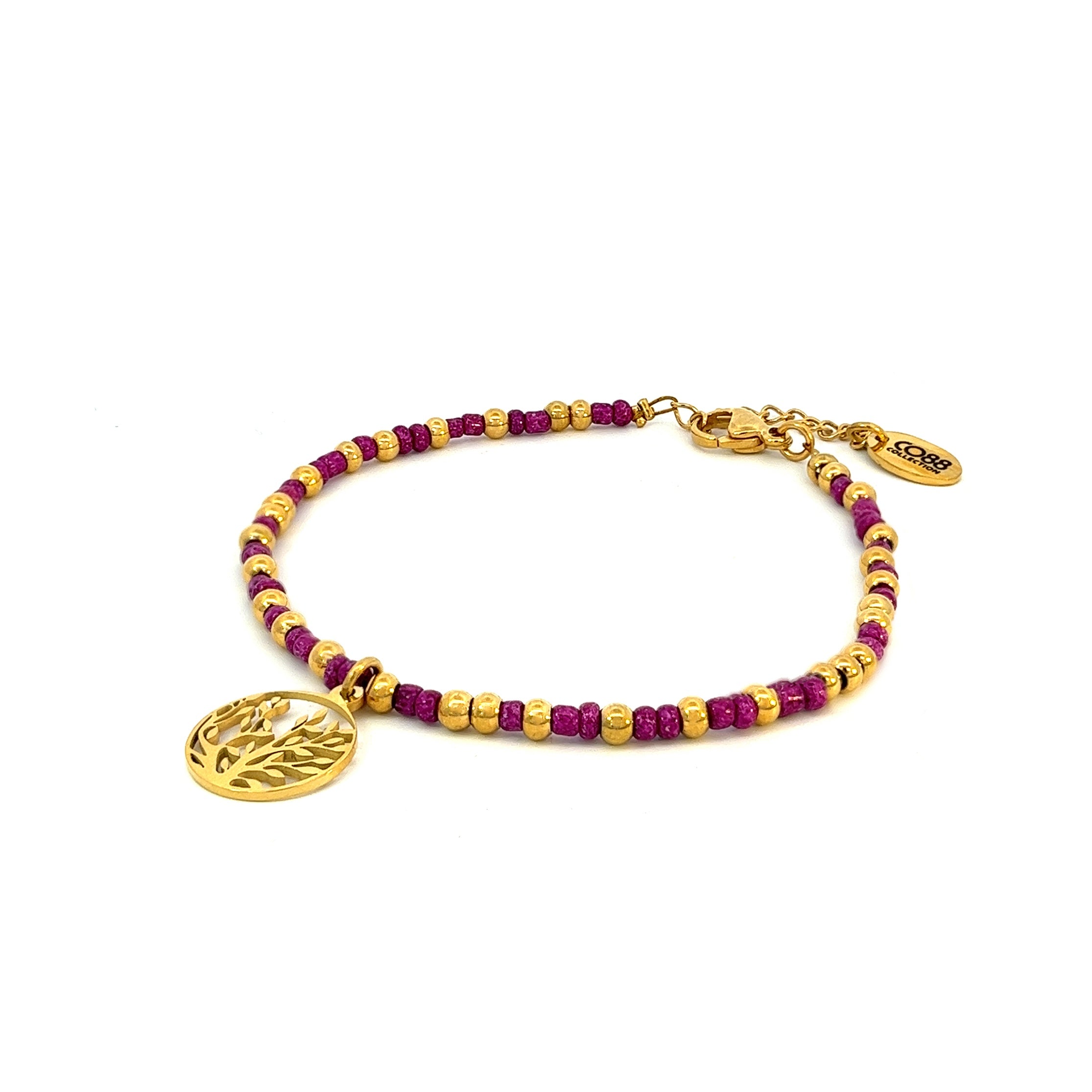 Beaded bracelet with purple beads and leaves charm