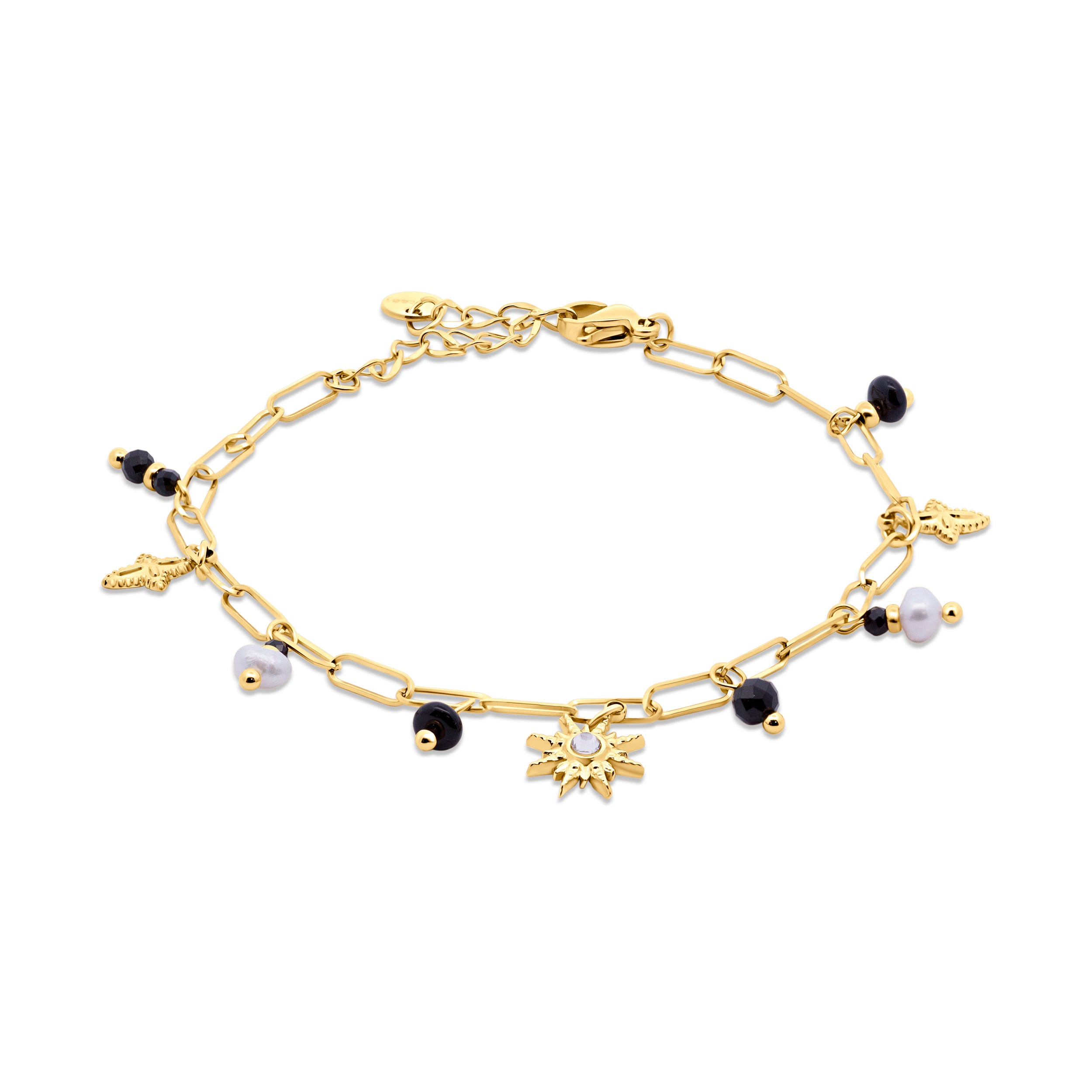 Link Bracelet with Pearls, Black Beads and Charms