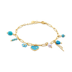 Link Bracelet with Blue Beads and Heart Charm