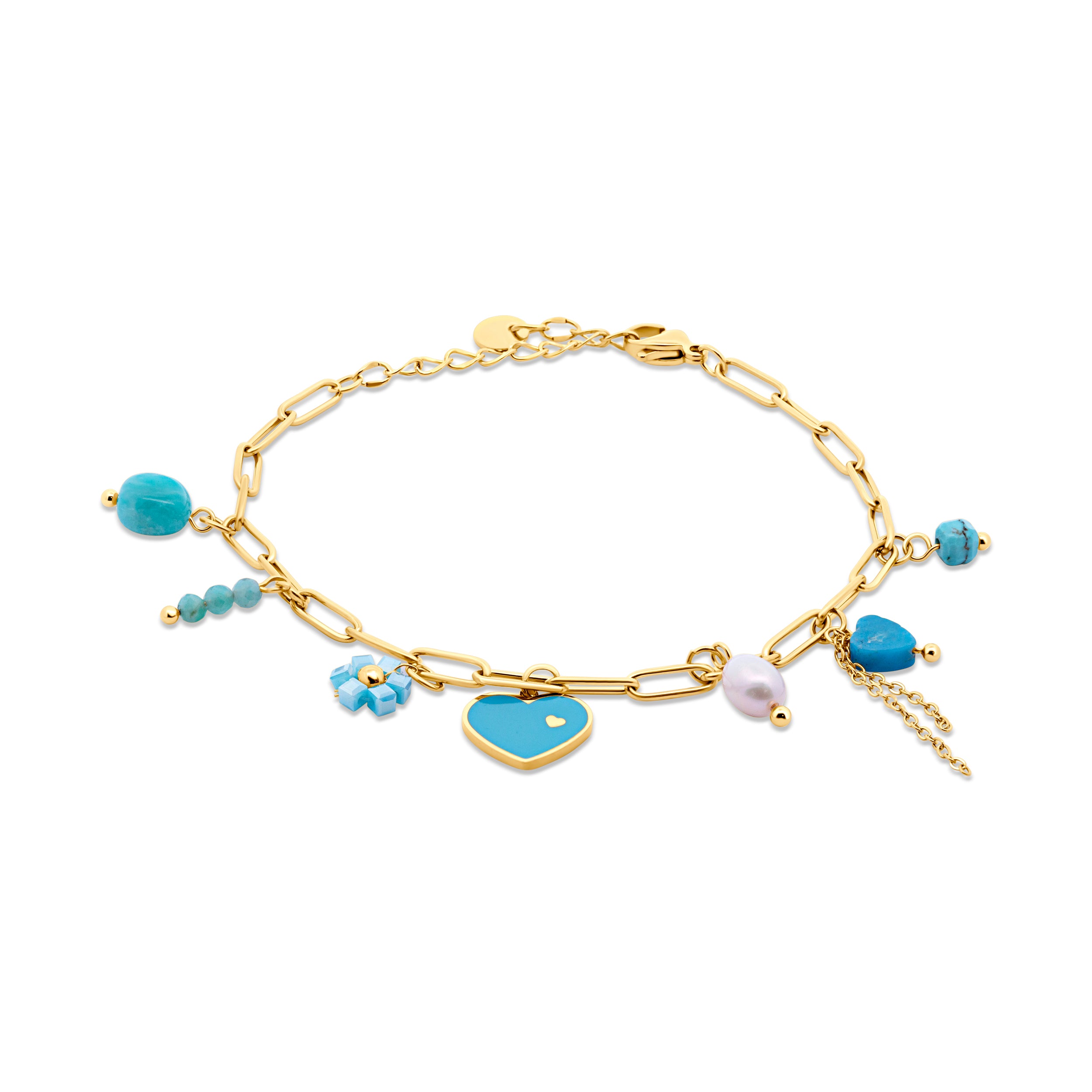 Link Bracelet with Blue Beads and Heart Charm