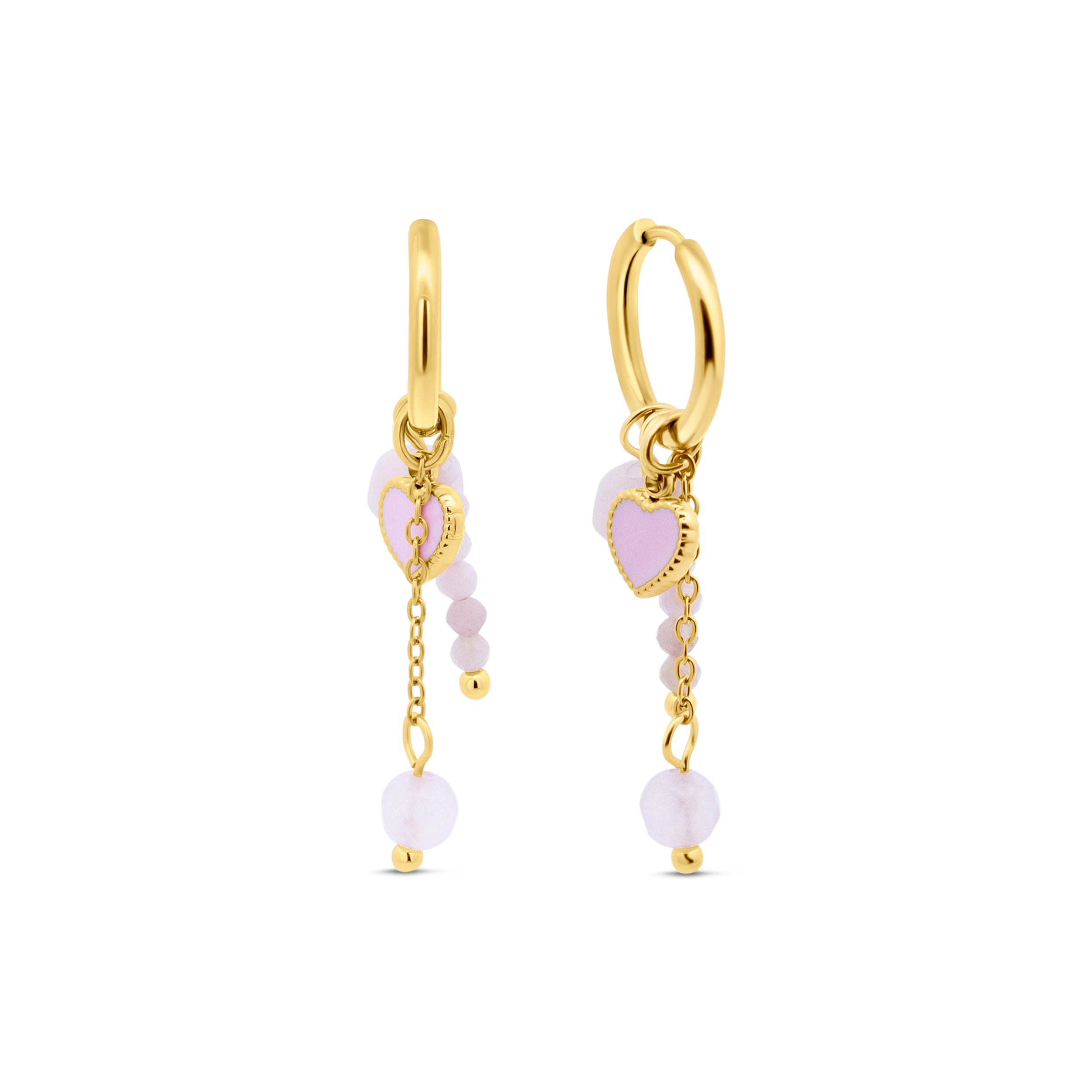 CO88 Collection Heart Charm Hoop Earrings with Pink Beads Gold Plated