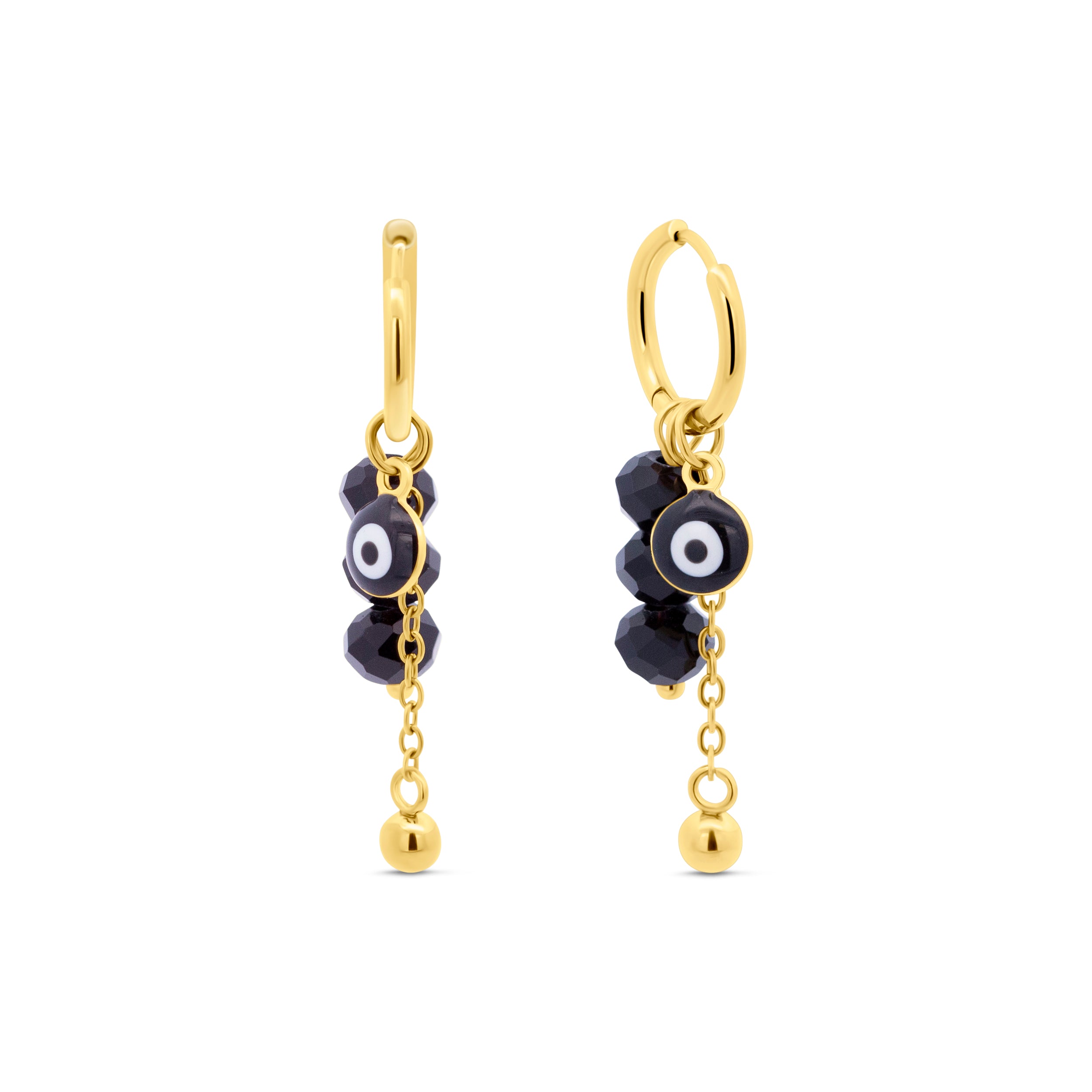 CO88 Collection Hoop Earrings with Black Beads and Evil Eye Charm Gold Plated