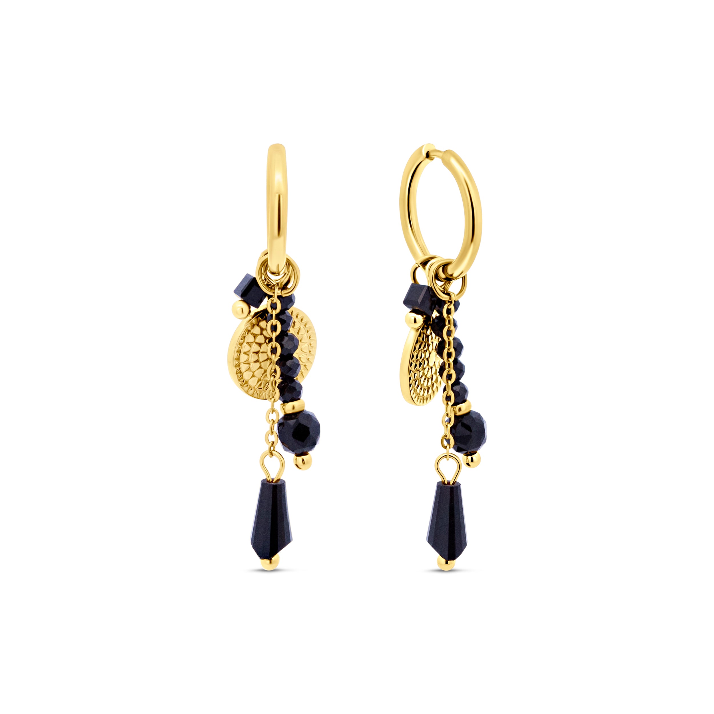 Black Bead & Coin Charm Hoops