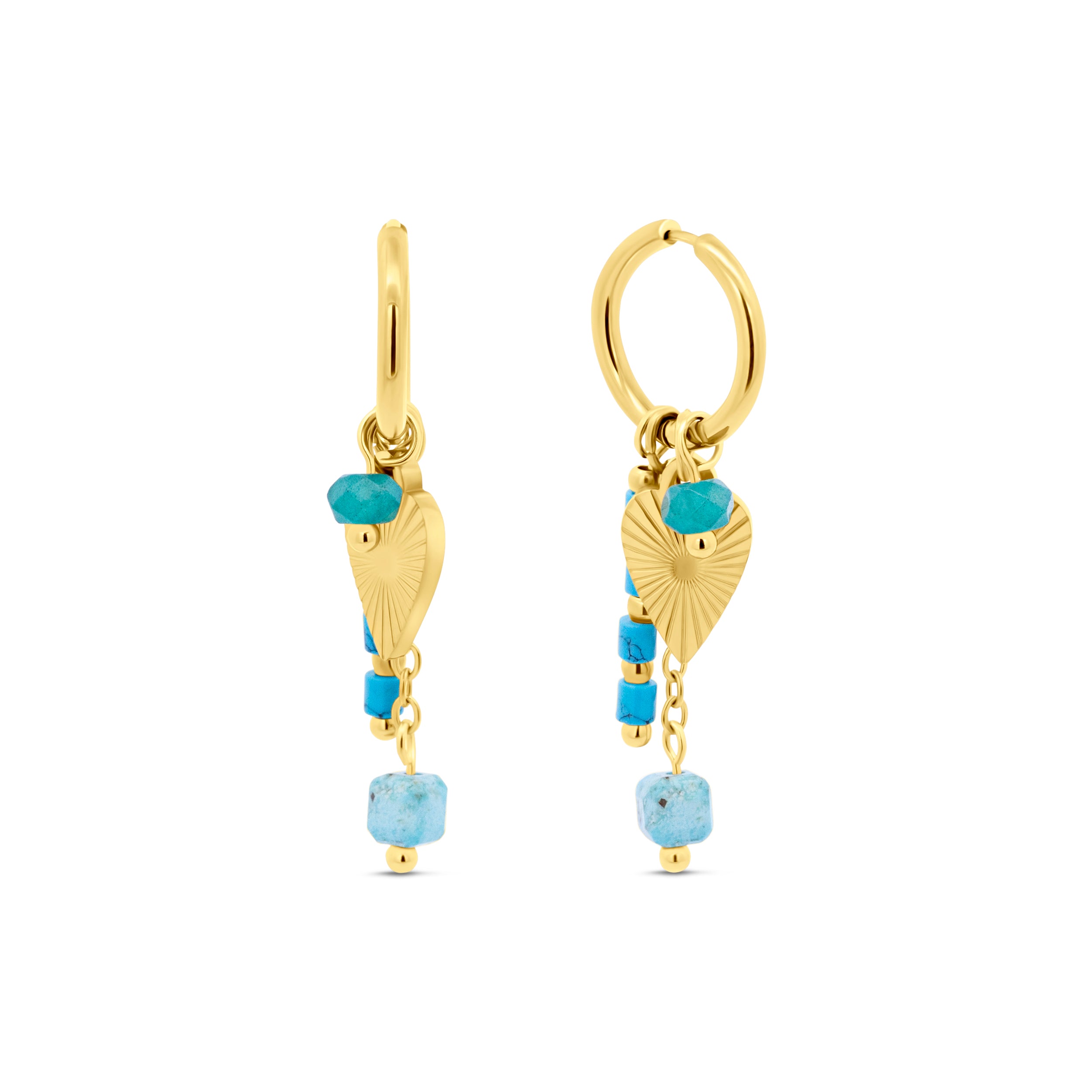 Heart Hoop Earrings with Blue Beads IP Gold