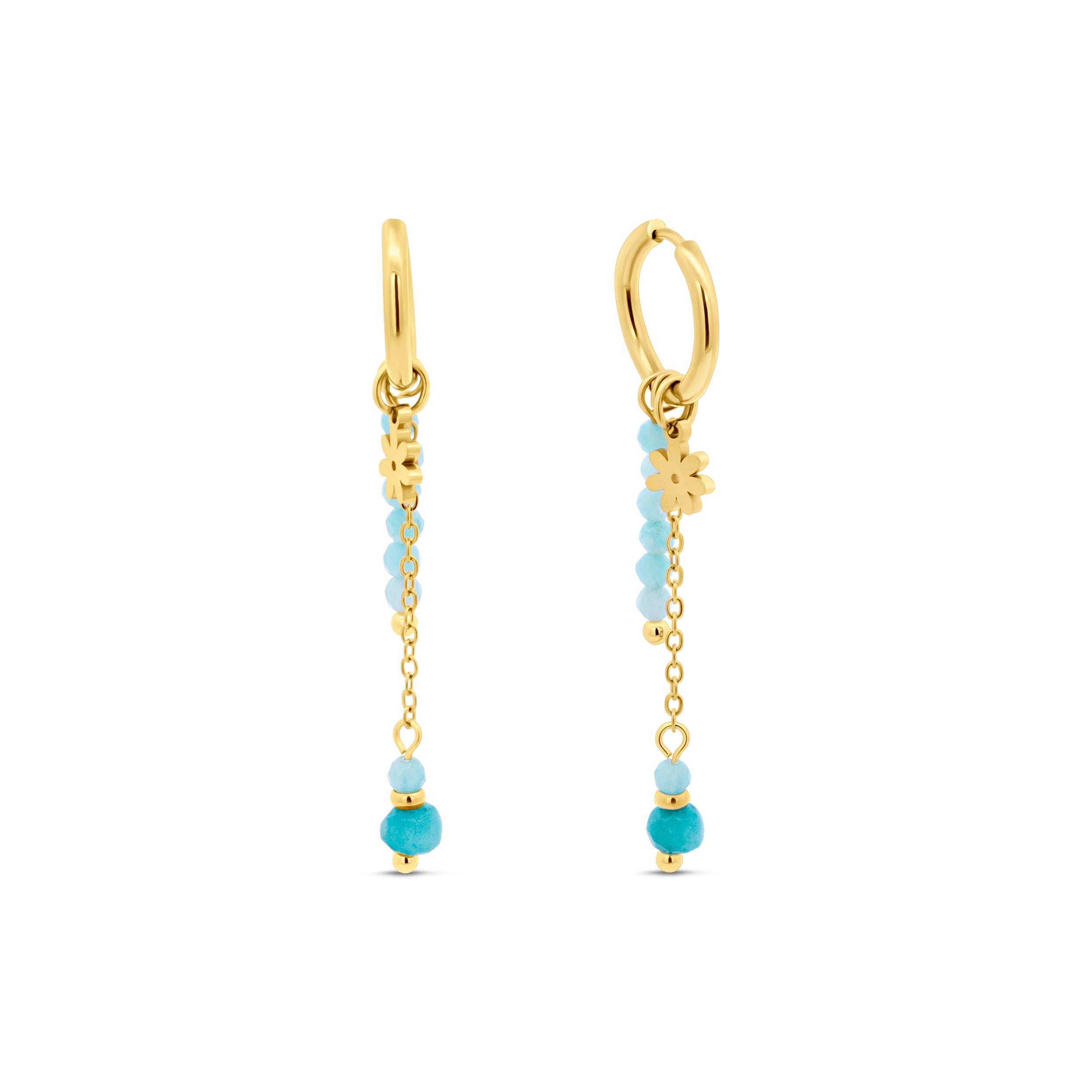 Daisy Drop Earrings with Blue Beads IP Gold