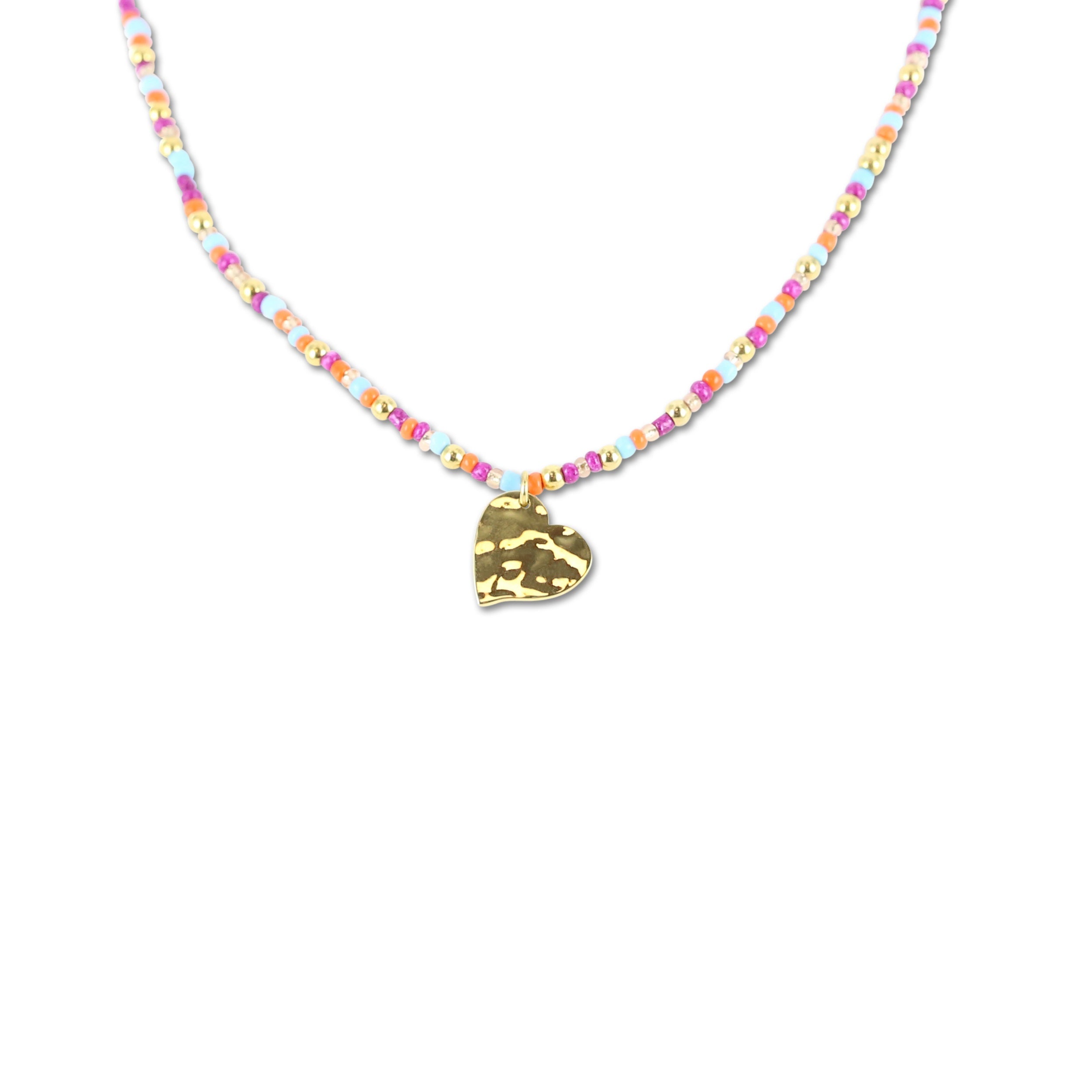 Necklace with colored beads and hammered heart charm
