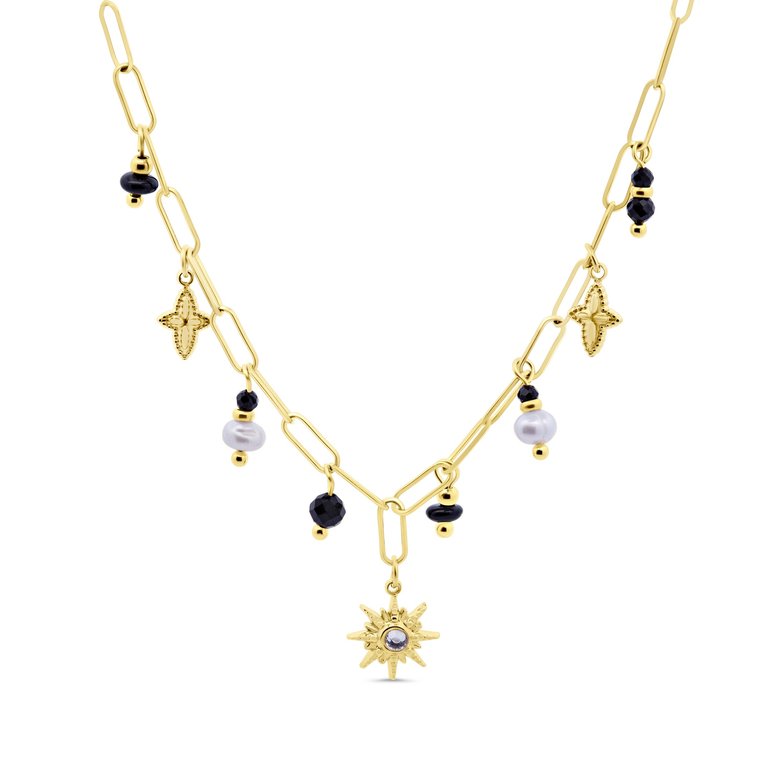 Necklace with links, pearls, black beads and charms