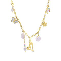 Ketting met parels, roze kralen en bedeltjes