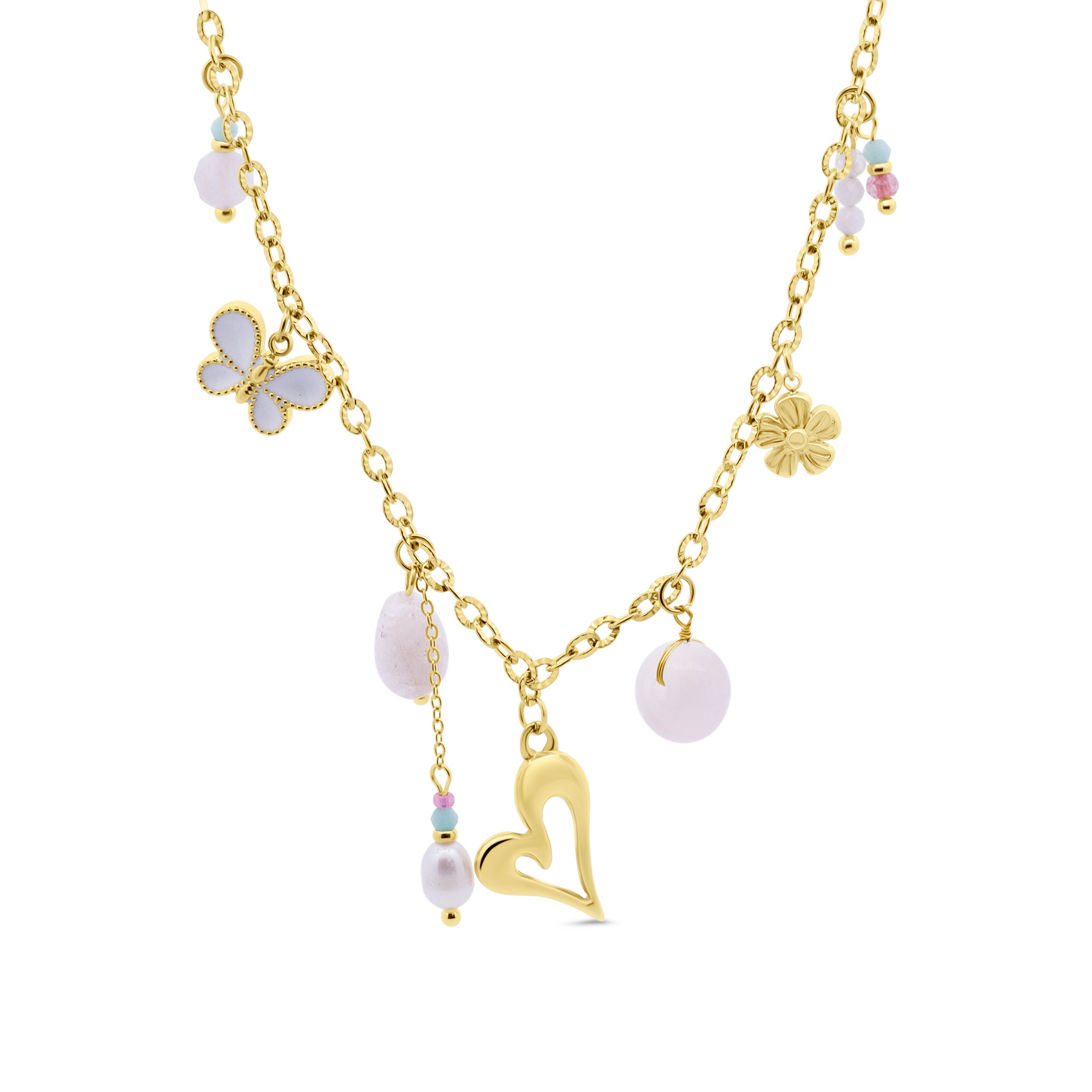 Necklace with pearls, pink beads and charms