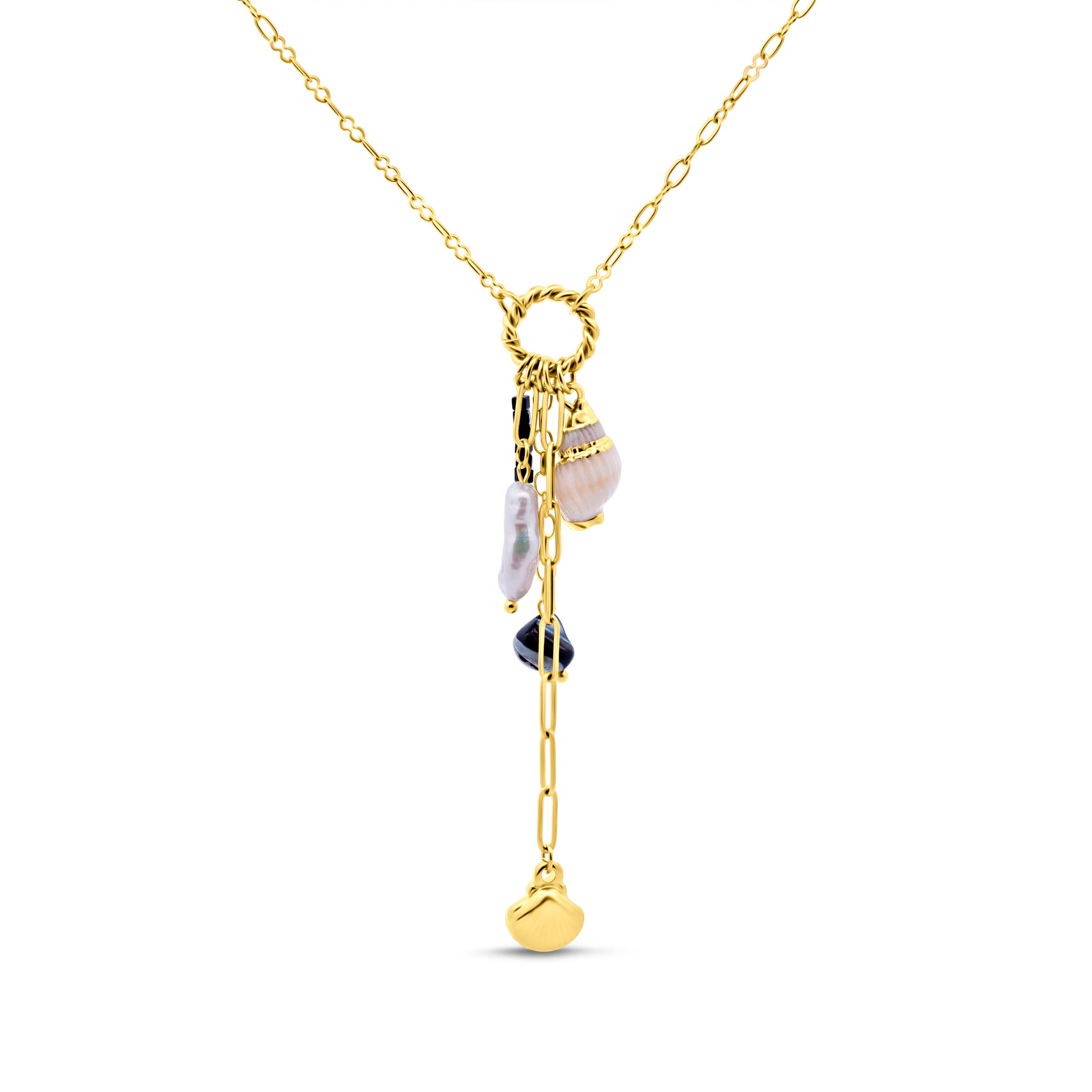 Ketting met parelschelpen en blauwe kralen