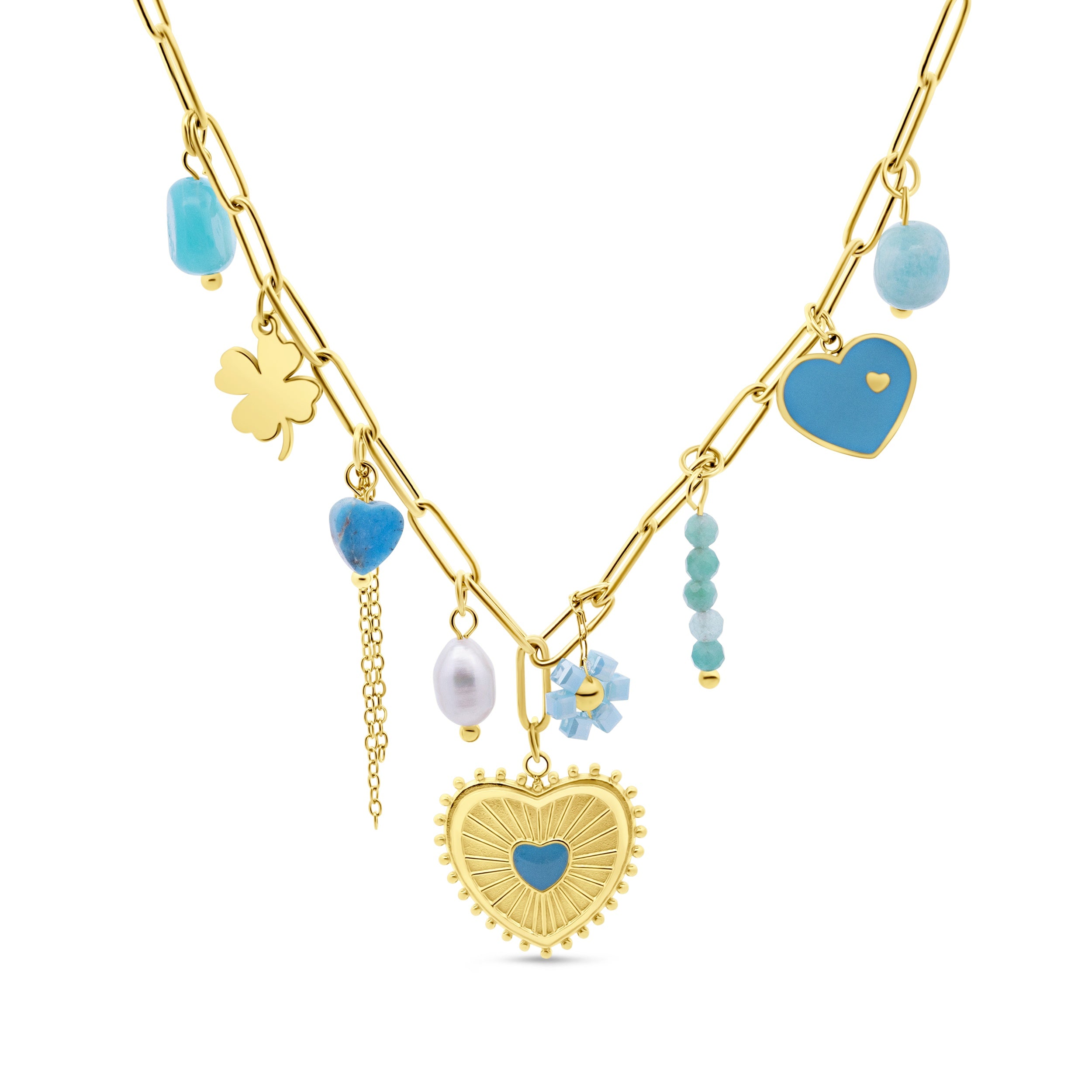 Necklace with links, charms and blue beads