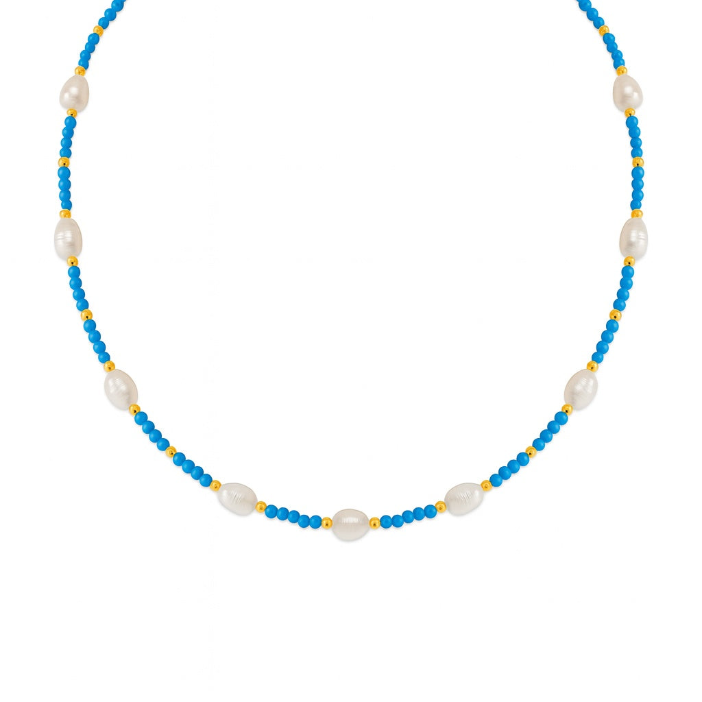 Beaded necklace with turquoise and pearl