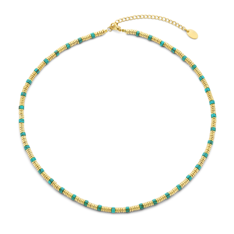 Ketting met goudkleurige kralen en rode steen