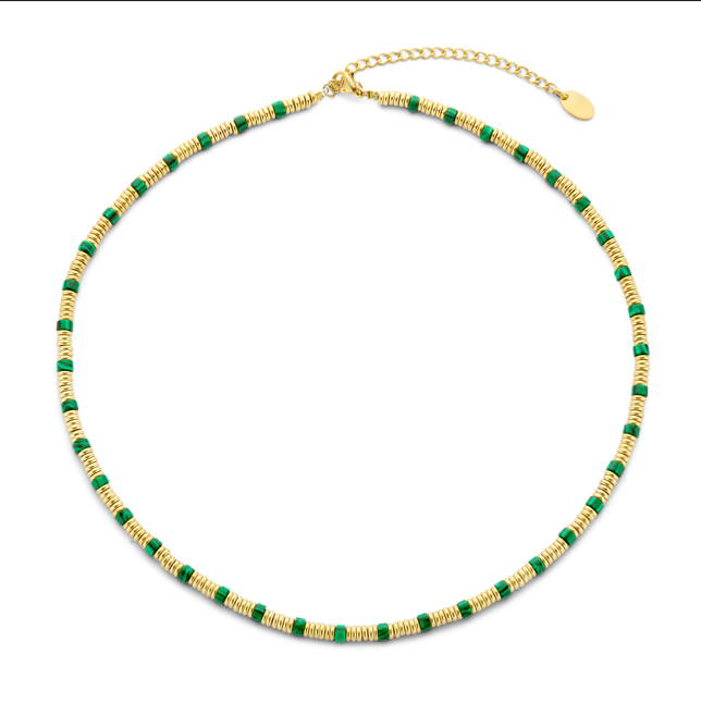 Necklace with gold-colored beads and stone